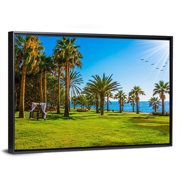 Palm Grove & Green Grass Lawn Canvas Wall Art-3 Horizontal-Gallery Wrap-25" x 16"-Tiaracle