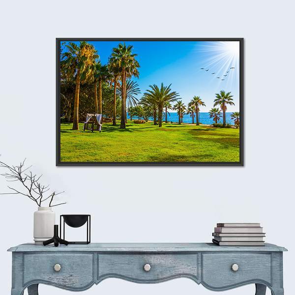 Palm Grove &amp; Green Grass Lawn Canvas Wall Art-3 Horizontal-Gallery Wrap-25" x 16"-Tiaracle