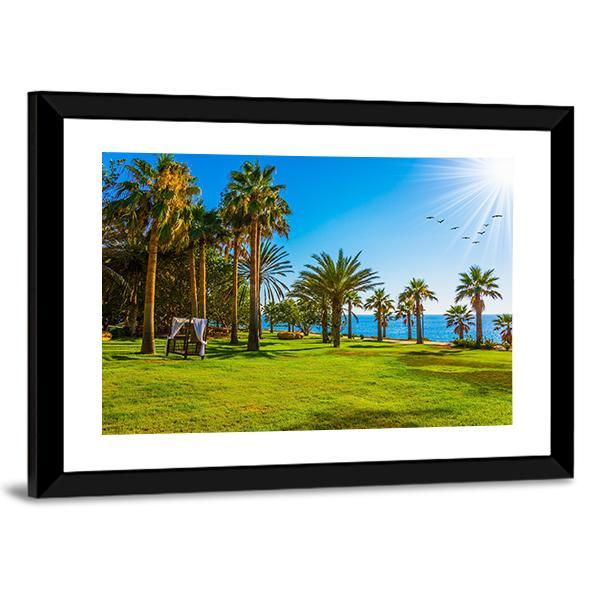 Palm Grove & Green Grass Lawn Canvas Wall Art-3 Horizontal-Gallery Wrap-25" x 16"-Tiaracle