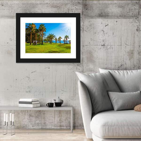 Palm Grove &amp; Green Grass Lawn Canvas Wall Art-3 Horizontal-Gallery Wrap-25" x 16"-Tiaracle
