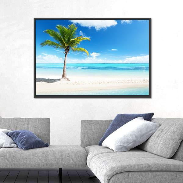 Palm Tree On Island Canvas Wall Art-1 Piece-Floating Frame-24" x 16"-Tiaracle