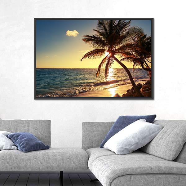 Palm Tree On Tropical Beach Canvas Wall Art-1 Piece-Floating Frame-24" x 16"-Tiaracle