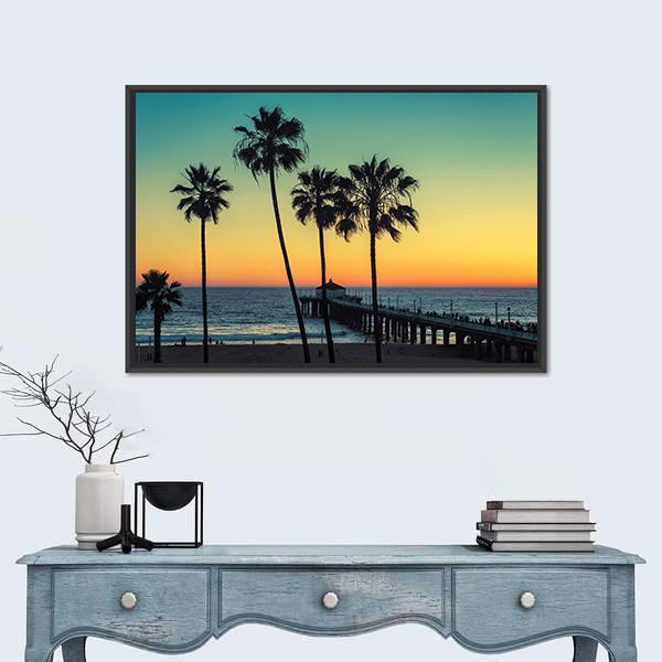 Palm Trees at California Beach Canvas Wall Art in orange, yellow and blue, framed canvas, product view on a white background