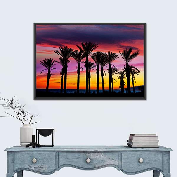 Palm Trees In Retamar Beach At Spain Canvas Wall Art-1 Piece-Floating Frame-24" x 16"-Tiaracle