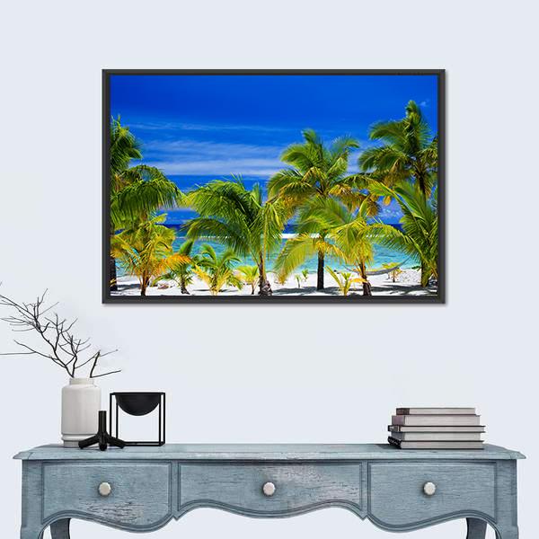 Palm Trees On A Tropical Beach Canvas Wall Art-1 Piece-Floating Frame-24" x 16"-Tiaracle
