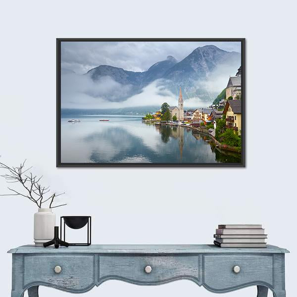 Panorama Of Hallstatt Mountain Village Canvas Wall Art-1 Piece-Floating Frame-24" x 16"-Tiaracle