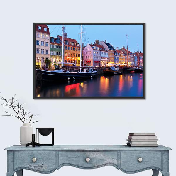 Panorama Of Historical Nyhavn In Copenhagen Canvas Wall Art-1 Piece-Floating Frame-24" x 16"-Tiaracle