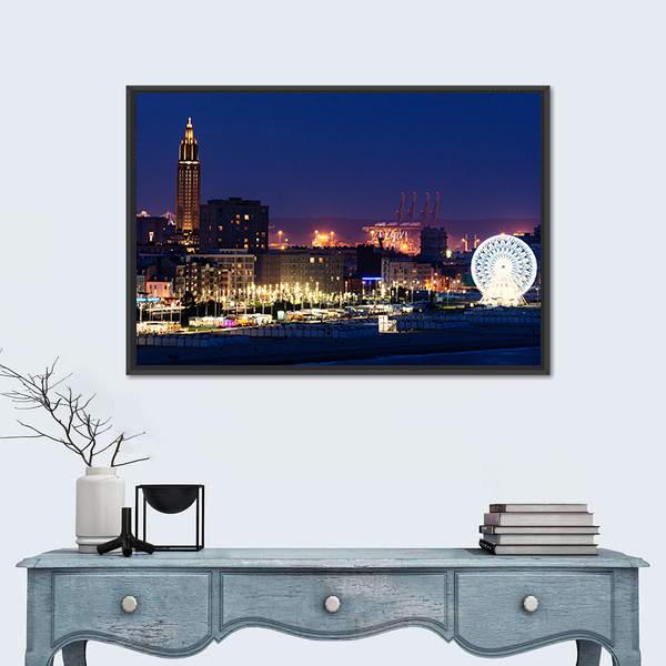 Panorama Of Le Havre At Night Canvas Wall Art-1 Piece-Floating Frame-24" x 16"-Tiaracle