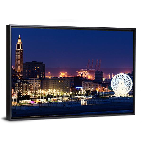 Panorama Of Le Havre At Night Canvas Wall Art-3 Horizontal-Gallery Wrap-25" x 16"-Tiaracle