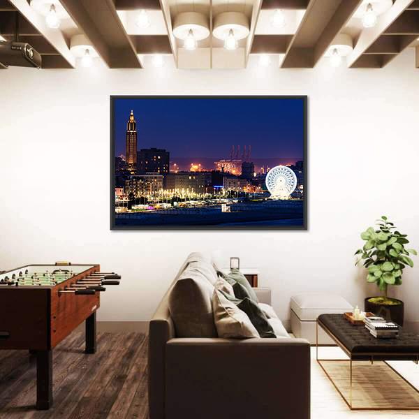 Panorama Of Le Havre At Night Canvas Wall Art-3 Horizontal-Gallery Wrap-25" x 16"-Tiaracle