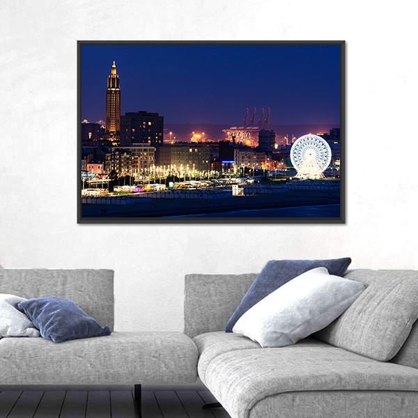 Panorama Of Le Havre At Night Canvas Wall Art-3 Horizontal-Gallery Wrap-25" x 16"-Tiaracle