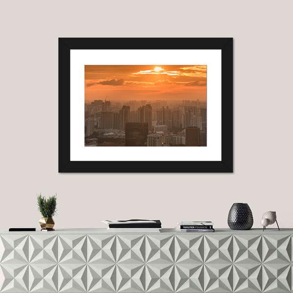 Panorama Of Singapore Skyline Downtown Canvas Wall Art-1 Piece-Framed Print-20" x 16"-Tiaracle