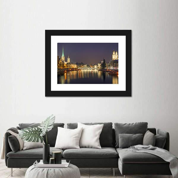 Panorama Of Zurich At Night Canvas Wall Art-1 Piece-Framed Print-20" x 16"-Tiaracle