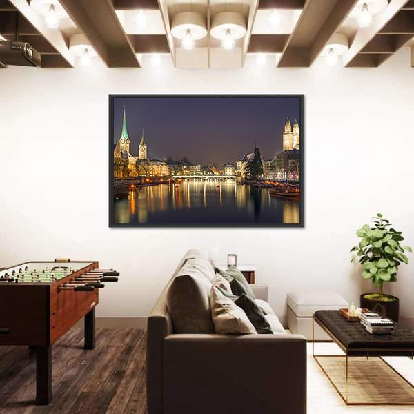 Panorama Of Zurich At Night Canvas Wall Art-5 Horizontal-Gallery Wrap-22" x 12"-Tiaracle