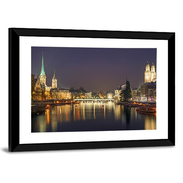 Panorama Of Zurich At Night Panoramic Canvas Wall Art-1 Piece-36" x 12"-Tiaracle