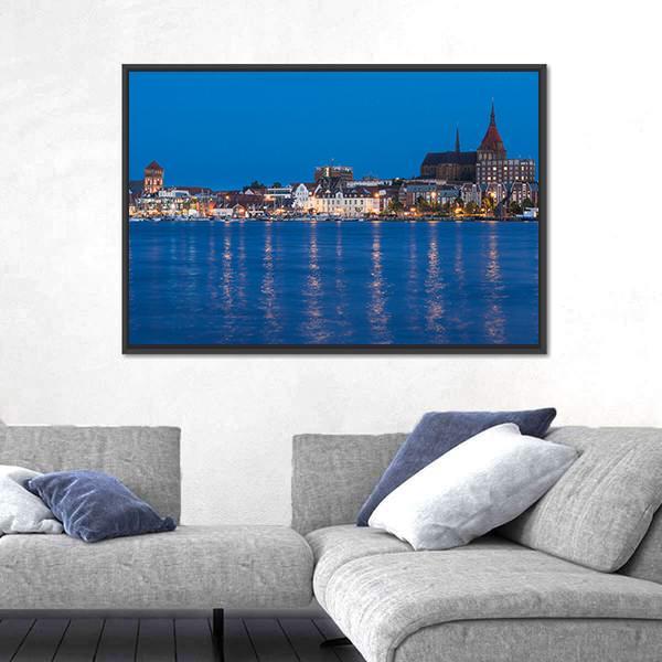 Panorama View To Germany River Warnow And City Port Canvas Wall Art-1 Piece-Floating Frame-24" x 16"-Tiaracle
