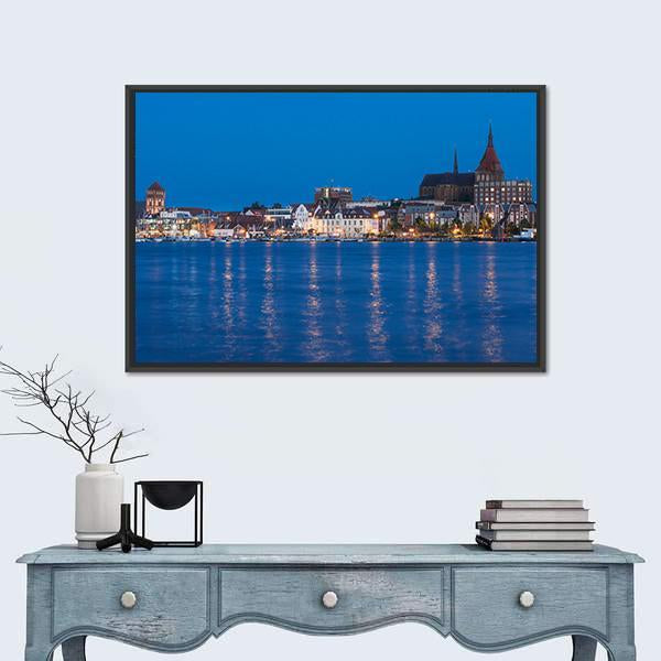 Panorama View To Germany River Warnow And City Port Canvas Wall Art-3 Horizontal-Gallery Wrap-25" x 16"-Tiaracle