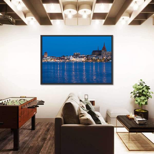 Panorama View To Germany River Warnow And City Port Canvas Wall Art-3 Horizontal-Gallery Wrap-25" x 16"-Tiaracle