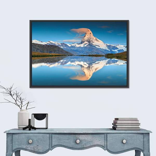 Panorama With Matterhorn And Alpine Lake Canvas Wall Art-1 Piece-Floating Frame-24" x 16"-Tiaracle