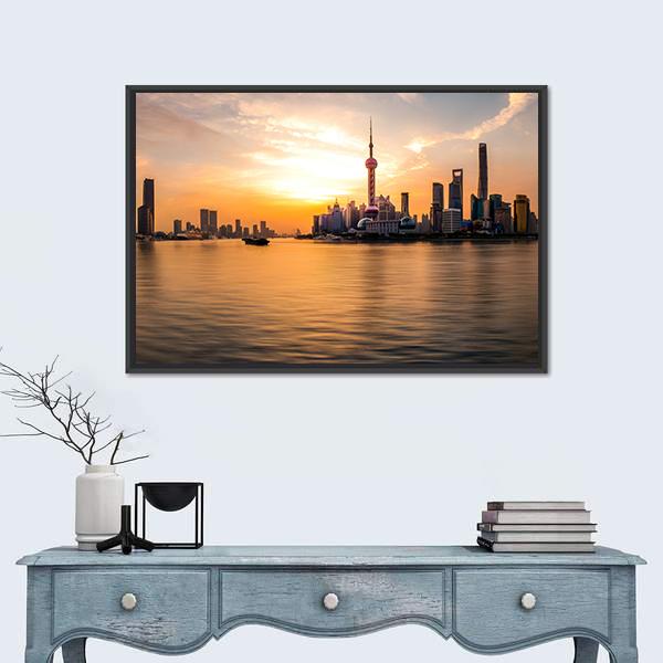 Panoramic Sunrise Over Shanghai Bund Canvas Wall Art-1 Piece-Floating Frame-24&quot; x 16&quot;-Tiaracle