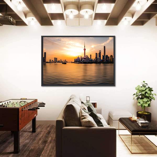 Panoramic Sunrise Over Shanghai Bund Canvas Wall Art-5 Horizontal-Gallery Wrap-22&quot; x 12&quot;-Tiaracle