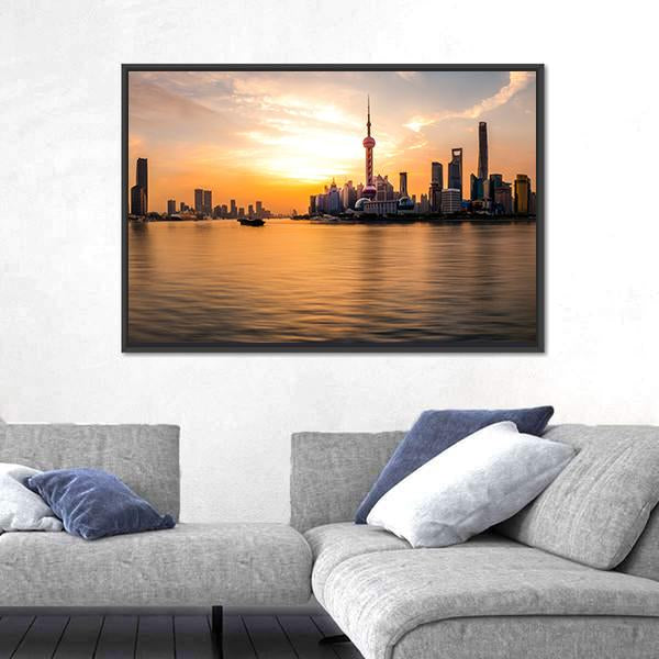 Panoramic Sunrise Over Shanghai Bund Canvas Wall Art-5 Horizontal-Gallery Wrap-22&quot; x 12&quot;-Tiaracle