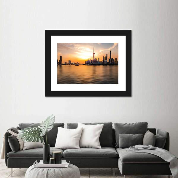 Panoramic Sunrise Over Shanghai Bund Canvas Wall Art-5 Horizontal-Gallery Wrap-22&quot; x 12&quot;-Tiaracle