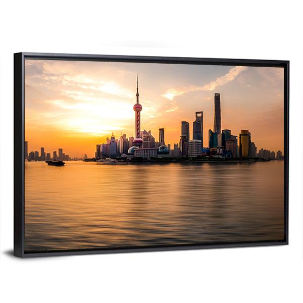 Panoramic Sunrise Over Shanghai Bund Canvas Wall Art-5 Horizontal-Gallery Wrap-22&quot; x 12&quot;-Tiaracle