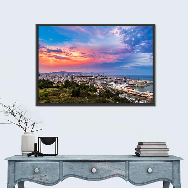 Panoramic View Of Barcelona And Port In Spain Canvas Wall Art-1 Piece-Floating Frame-24" x 16"-Tiaracle