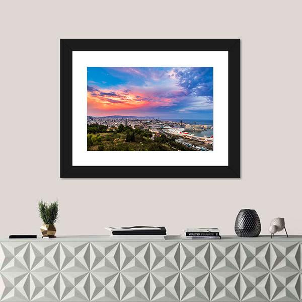 Panoramic View Of Barcelona And Port In Spain Canvas Wall Art-1 Piece-Framed Print-20" x 16"-Tiaracle