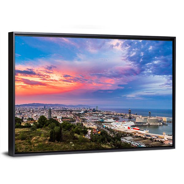Panoramic View Of Barcelona And Port In Spain Canvas Wall Art-3 Horizontal-Gallery Wrap-25" x 16"-Tiaracle