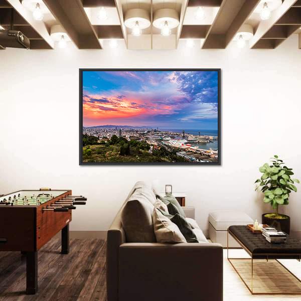 Panoramic View Of Barcelona And Port In Spain Canvas Wall Art-3 Horizontal-Gallery Wrap-25" x 16"-Tiaracle