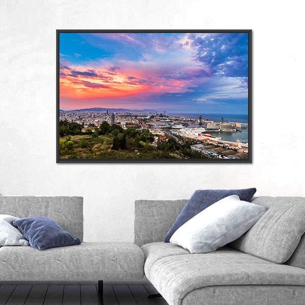Panoramic View Of Barcelona And Port In Spain Canvas Wall Art-3 Horizontal-Gallery Wrap-25" x 16"-Tiaracle