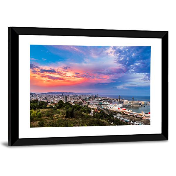 Panoramic View Of Barcelona And Port In Spain Canvas Wall Art-3 Horizontal-Gallery Wrap-25" x 16"-Tiaracle