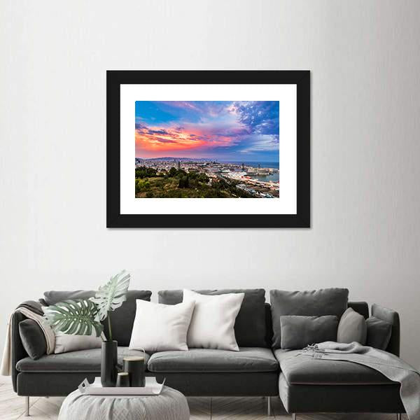 Panoramic View Of Barcelona And Port In Spain Canvas Wall Art-3 Horizontal-Gallery Wrap-25" x 16"-Tiaracle