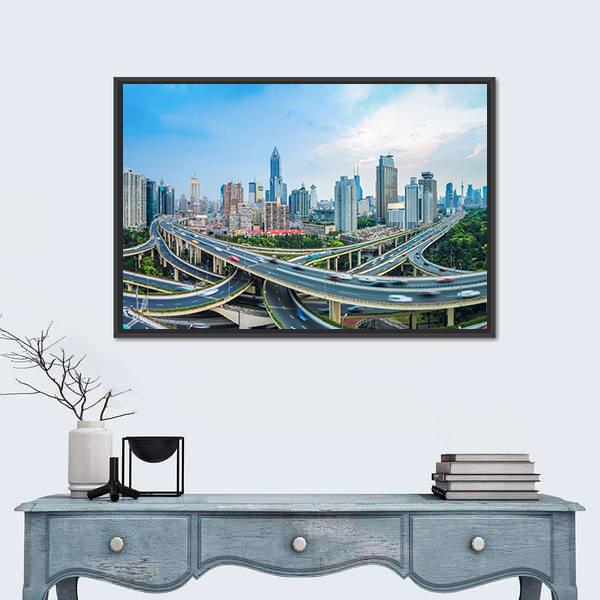 Panoramic View Of City Elevated Road Junction In Blue Sky Shanghai Canvas Wall Art-1 Piece-Floating Frame-24&quot; x 16&quot;-Tiaracle