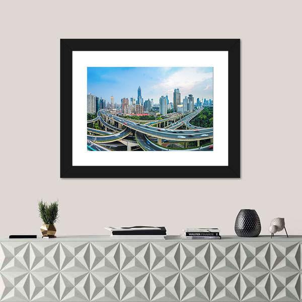 Panoramic View Of City Elevated Road Junction In Blue Sky Shanghai Canvas Wall Art-1 Piece-Framed Print-20&quot; x 16&quot;-Tiaracle