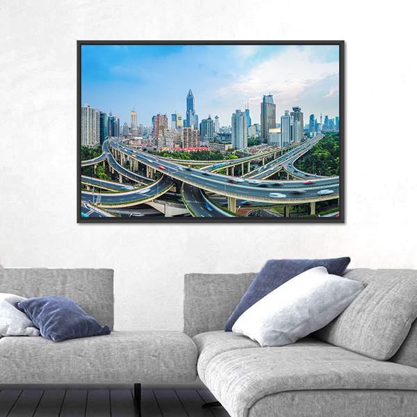 Panoramic View Of City Elevated Road Junction In Blue Sky Shanghai Canvas Wall Art-5 Horizontal-Gallery Wrap-22" x 12"-Tiaracle