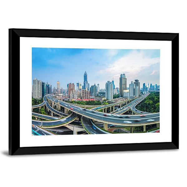 Panoramic View Of City Elevated Road Junction In Blue Sky Shanghai Canvas Wall Art-5 Horizontal-Gallery Wrap-22" x 12"-Tiaracle