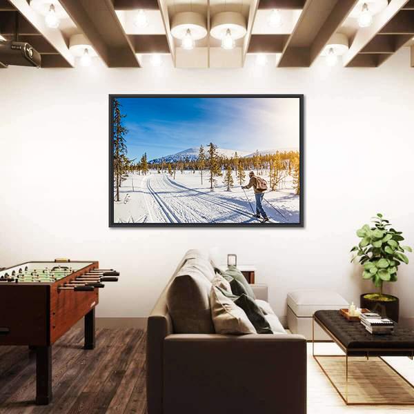 Panoramic View Of Male Person Cross Country Skiing Canvas Wall Art-5 Horizontal-Gallery Wrap-22" x 12"-Tiaracle