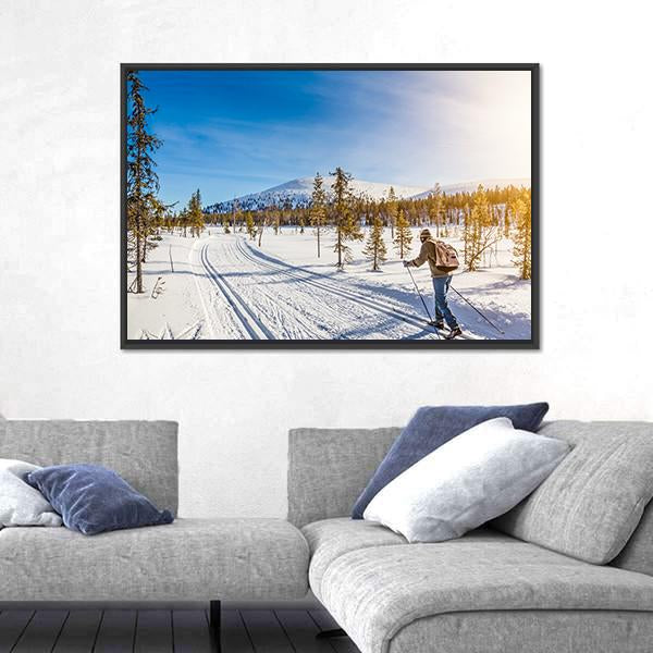 Panoramic View Of Male Person Cross Country Skiing Canvas Wall Art-5 Horizontal-Gallery Wrap-22" x 12"-Tiaracle