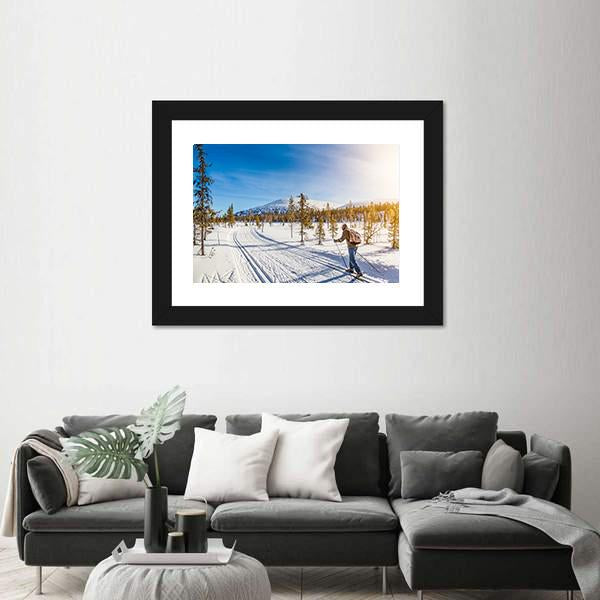 Panoramic View Of Male Person Cross Country Skiing Canvas Wall Art-5 Horizontal-Gallery Wrap-22" x 12"-Tiaracle
