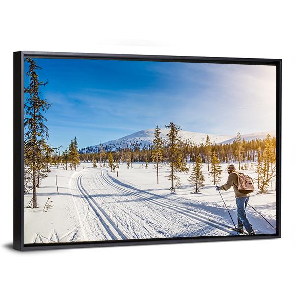 Panoramic View Of Male Person Cross Country Skiing Canvas Wall Art-5 Horizontal-Gallery Wrap-22" x 12"-Tiaracle