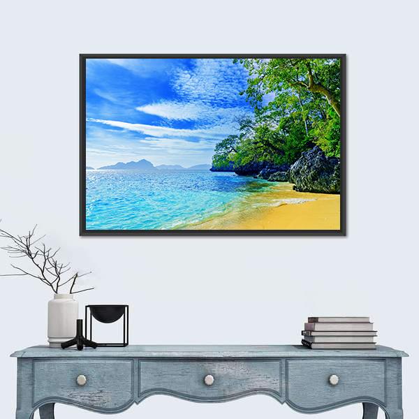 Paradise Beach Sea and Sky Canvas Wall Art in yellow, green and blue, framed canvas, product view on a white background
