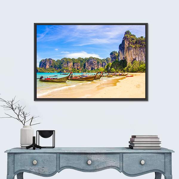 Paradise Railay Beach In Krabi Canvas Wall Art-1 Piece-Floating Frame-24" x 16"-Tiaracle