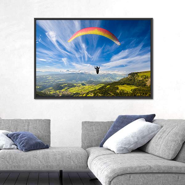 Paraglider Flying Over Mountains In Summer Day Canvas Wall Art-5 Horizontal-Gallery Wrap-22" x 12"-Tiaracle