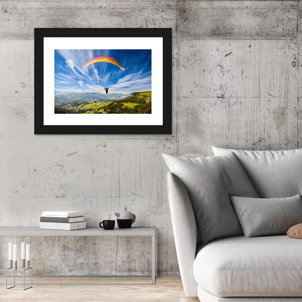 Paraglider Flying Over Mountains In Summer Day Canvas Wall Art-5 Horizontal-Gallery Wrap-22" x 12"-Tiaracle
