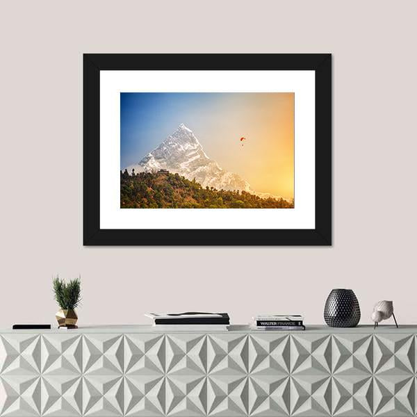 Paragliding Near Machhapuchhre Mountain Canvas Wall Art-1 Piece-Framed Print-20" x 16"-Tiaracle