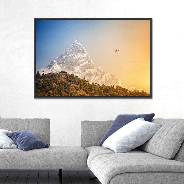 Paragliding Near Machhapuchhre Mountain Canvas Wall Art-3 Horizontal-Gallery Wrap-25" x 16"-Tiaracle
