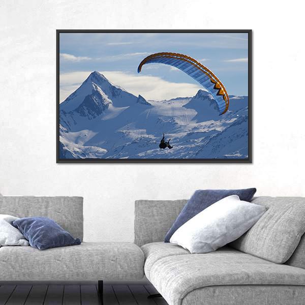 Paragliding Over Mountain In Winter Canvas Wall Art-5 Horizontal-Gallery Wrap-22" x 12"-Tiaracle